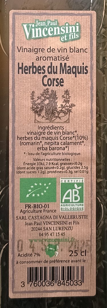 Korsischer Essig mit Kräutern der Macchia (10%), 0,25 l